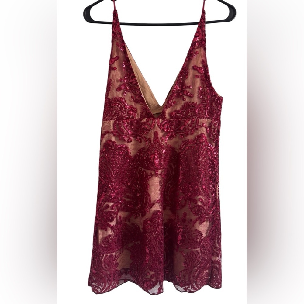Free People Night Shimmer Mini Raspberry Red V Neck Sequined Dress Size 2 - Picture 9 of 13